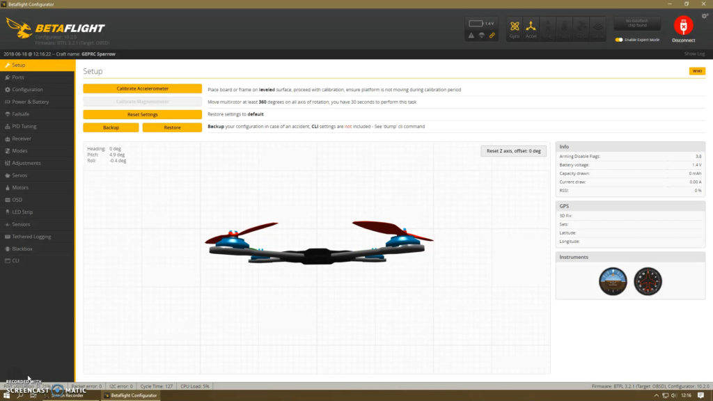 De eerste pagina binnen BetaFlight.